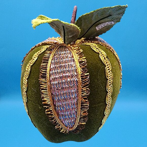 Vintage 1960s Spun Cotton Chenille Elf in Flocked Green Apple Ornament Japan - Picture 5 of 10